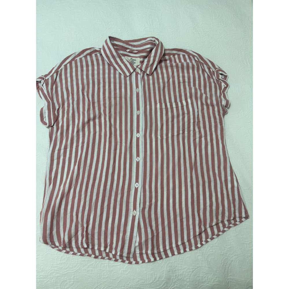 Cosmic Blue Love Womens XL Pink White Striped Rayon Short Sleeve Button Down Top